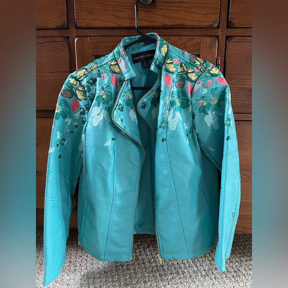 Colleen Lopez Faux Leather Blazer with Floral Embroidery
